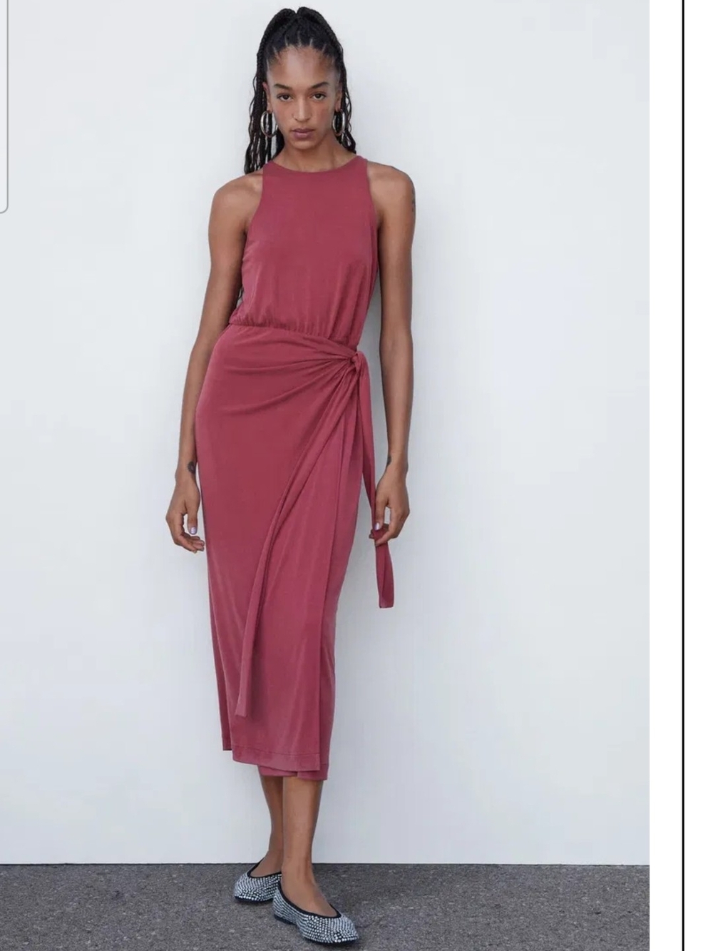 Mango NWT Modal Sleeveless Knot-Waist Midi Dress in Dusty Rose S
